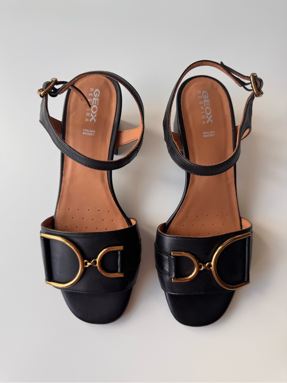 NEW Geox Black Leather Ankle-Strap Sandals with Gold Accent